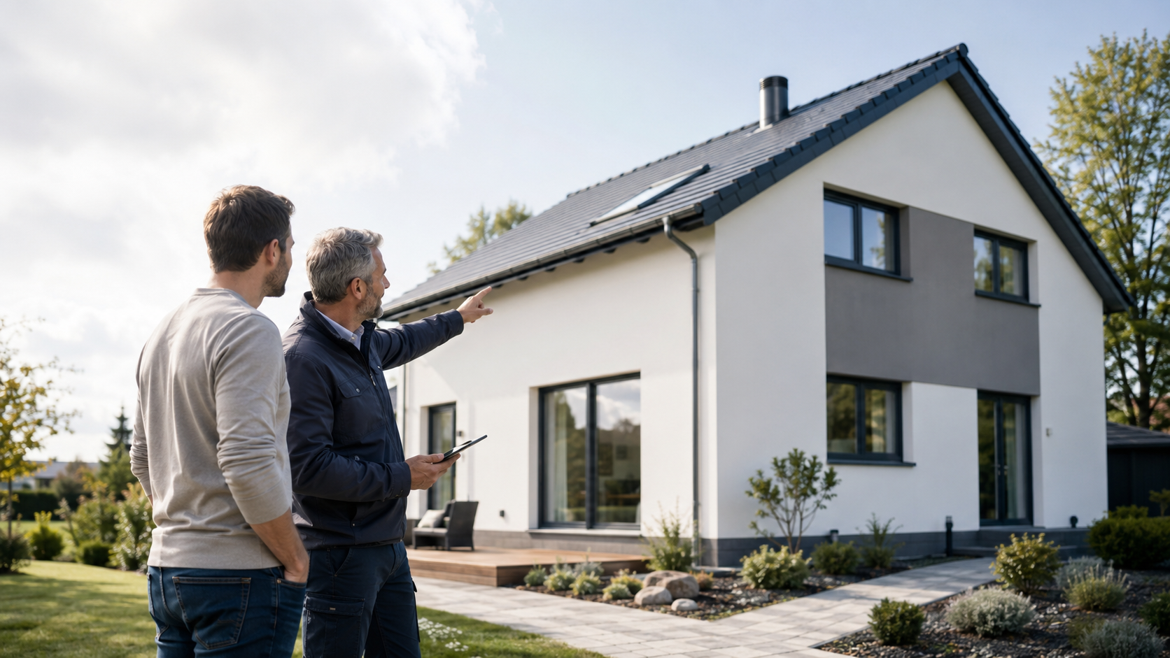 Fachberater erklärt einem Hausbesitzer die Möglichkeiten der Einblasdämmung am Wohnhaus